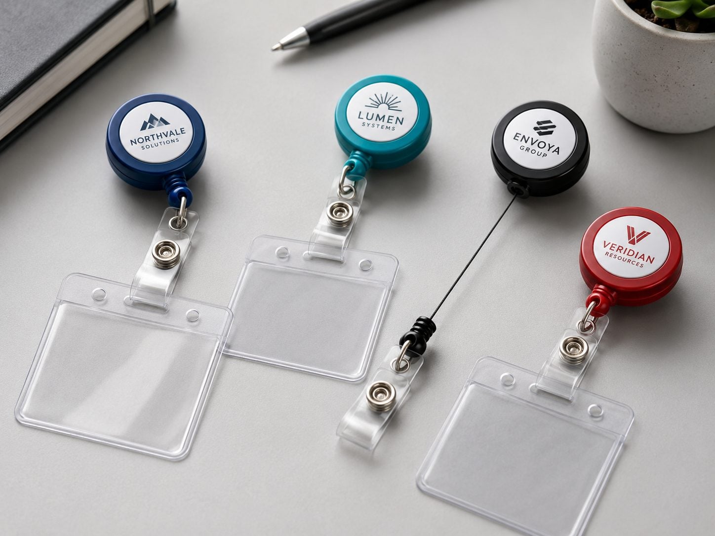 Full-color epoxy dome badge reels with an invented brand logo clipped to hospital staff ID lanyards