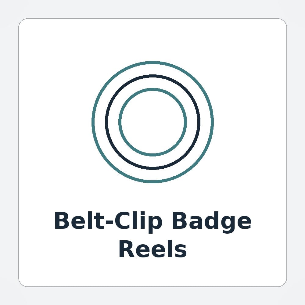 Full-color printed belt-clip badge reel with an invented brand logo clipped to a security officer belt