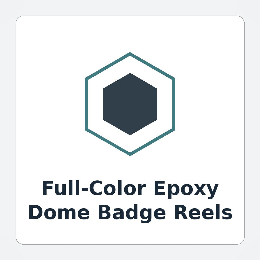 Full-color epoxy dome badge reel with a glossy raised invented brand logo on a reception desk lanyard