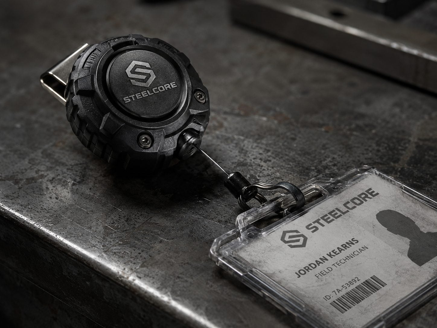 Reinforced heavy-duty badge reel with an invented brand logo clipped to a warehouse worker uniform