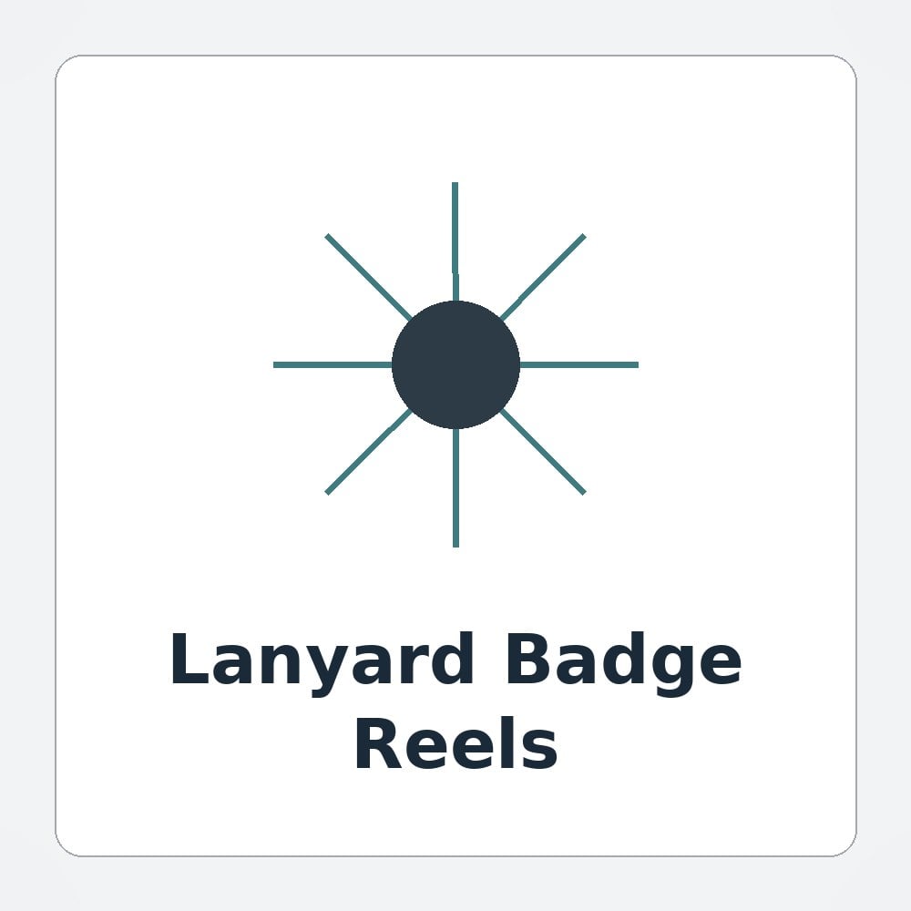 Full-color printed badge reel on a matching branded lanyard with an invented brand logo at a conference