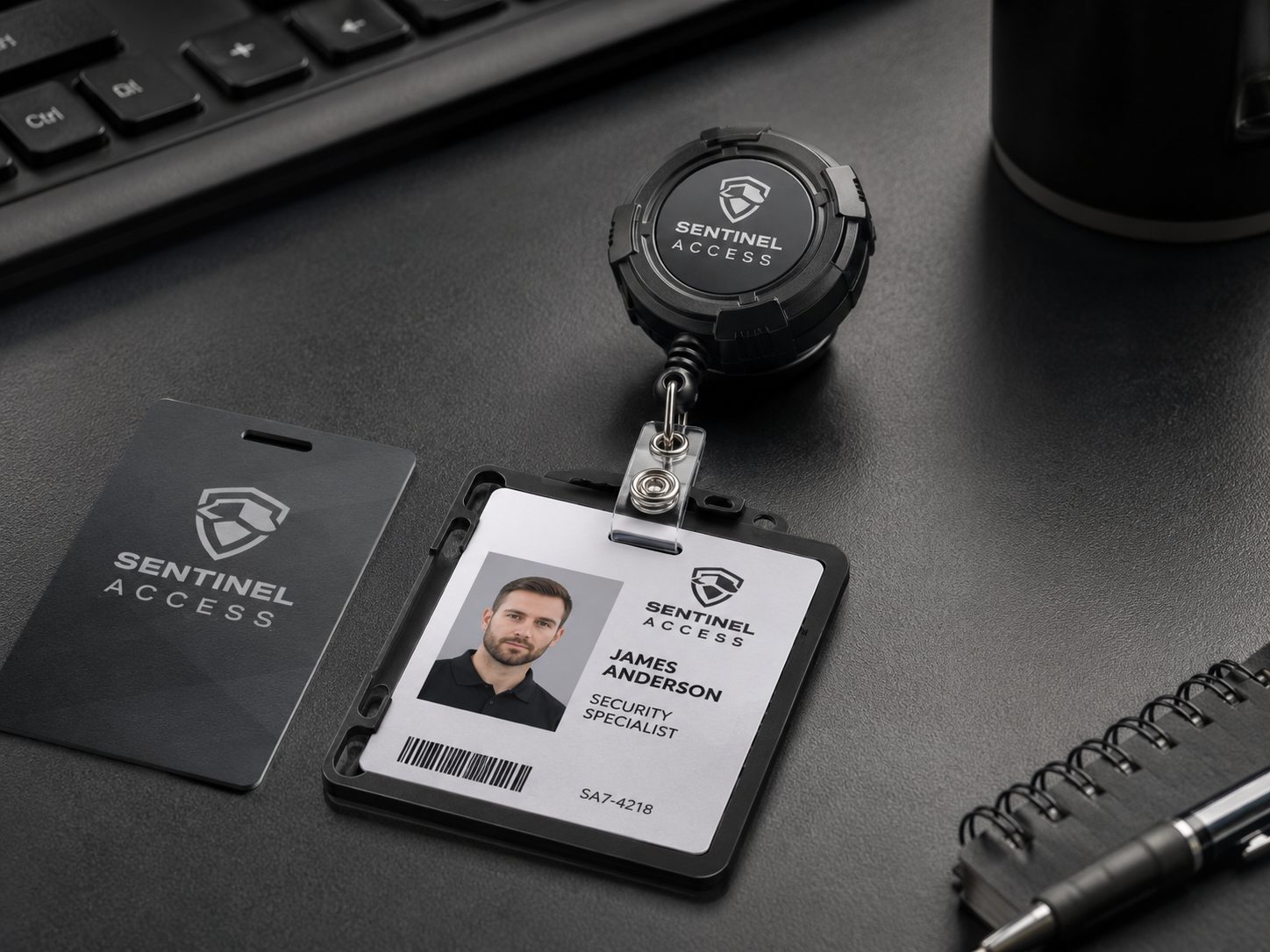 Heavy-duty belt-clip badge reels on security officer duty belts with an invented agency brand