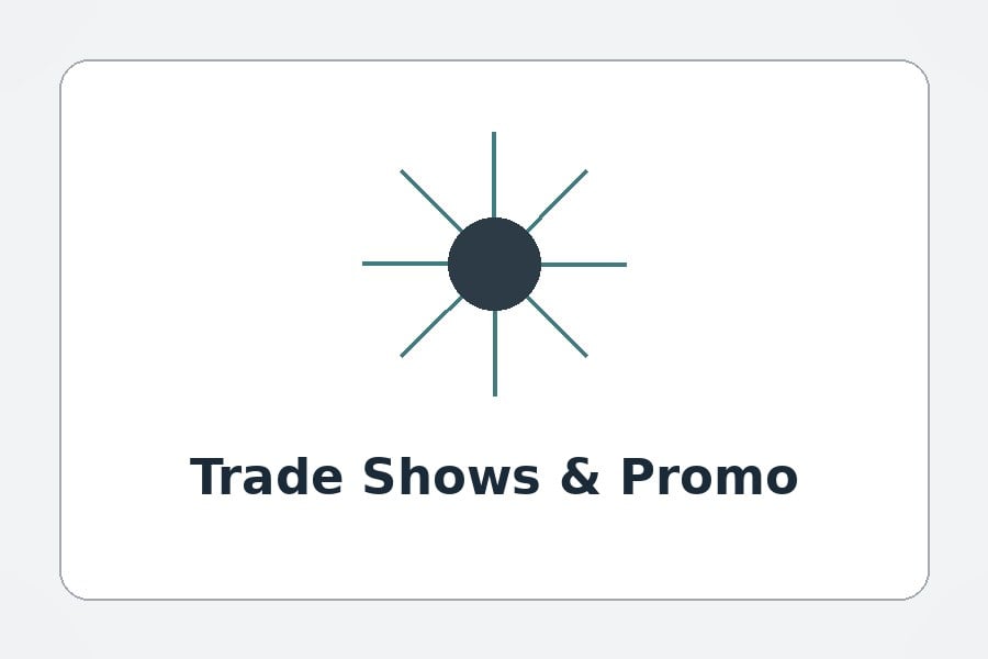 Domed promotional badge reels handed out at an invented brand trade-show booth